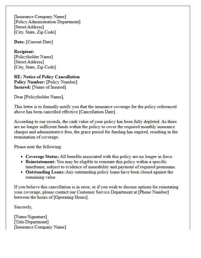 Coverage Cancellation Letter Due to Depleted Cash Value