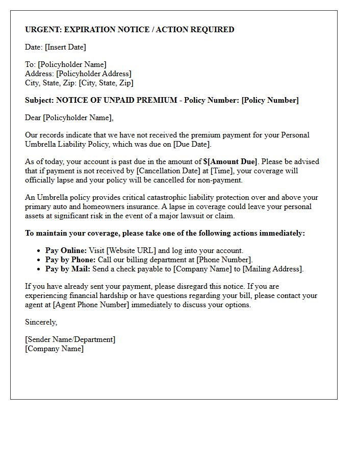 Urgent Umbrella Policy Premium Lapse Warning Letter