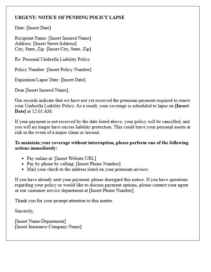 Notice of Pending Umbrella Policy Lapse Letter
