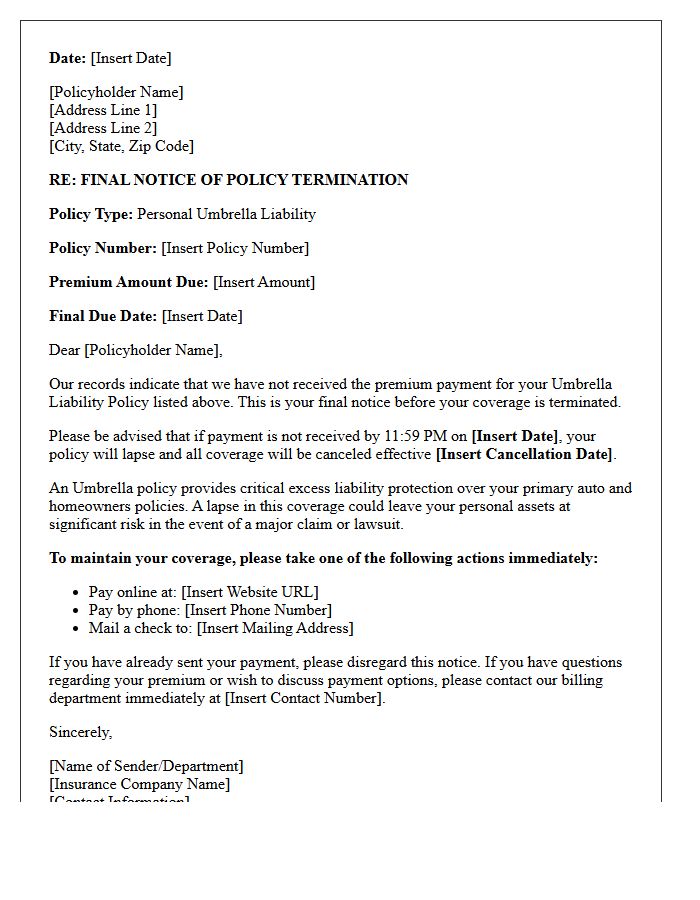 Final Warning Letter for Umbrella Policy Premium Lapse