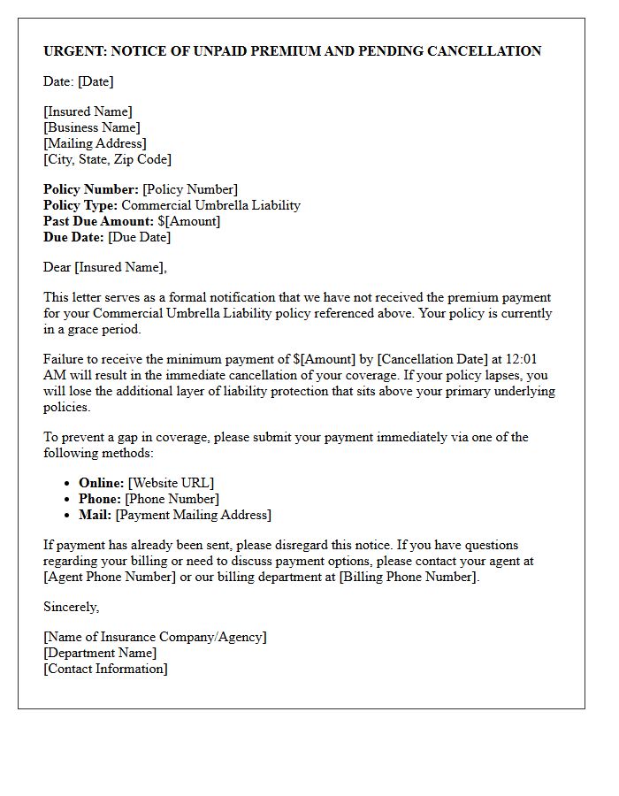 Commercial Umbrella Policy Premium Lapse Warning Letter
