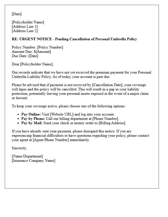 Personal Umbrella Policy Premium Lapse Warning Letter