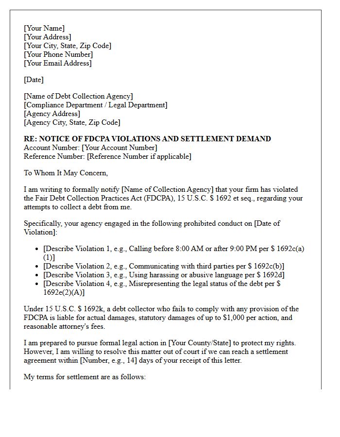 Initial FDCPA Violation Demand and Settlement Letter