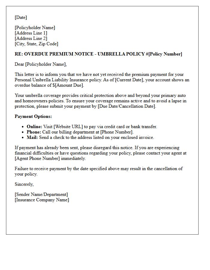Overdue Premium Warning Letter for Umbrella Coverage