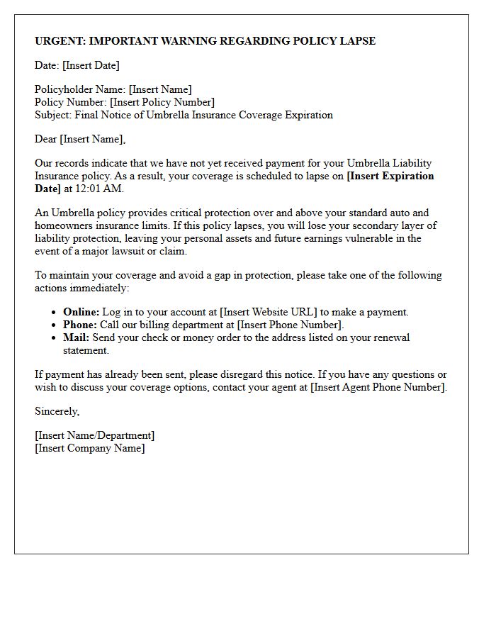 Important Warning Letter Regarding Umbrella Policy Lapse