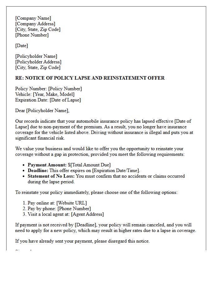 Auto Insurance Policy Lapse And Reinstatement Offer Letter