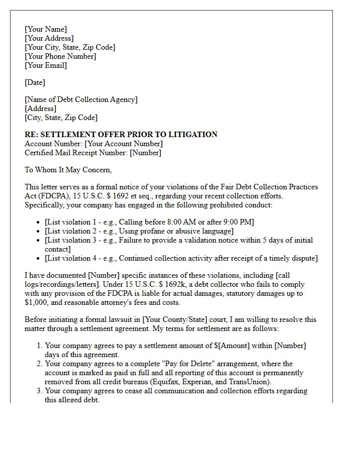 Pre-Litigation FDCPA Violation Settlement Offer Letter