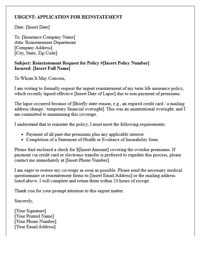 Urgent Term Life Insurance Lapse Reinstatement Letter