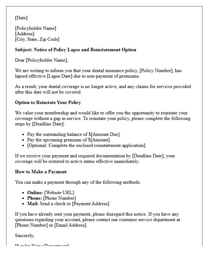 Dental Insurance Policy Lapse With Reinstatement Option Letter