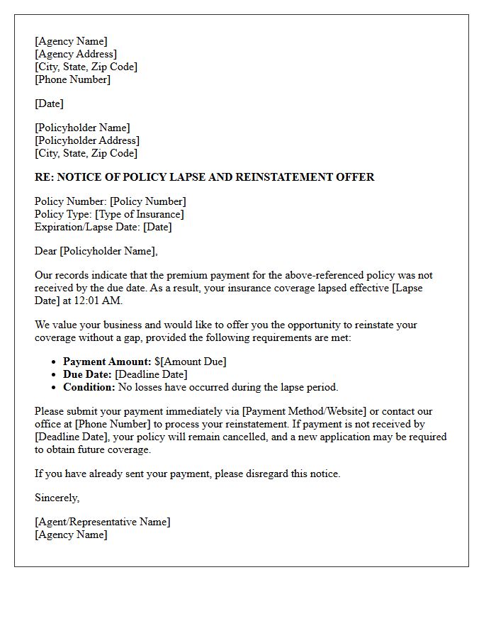 General Agency Notice Of Lapse And Reinstatement Offer Letter