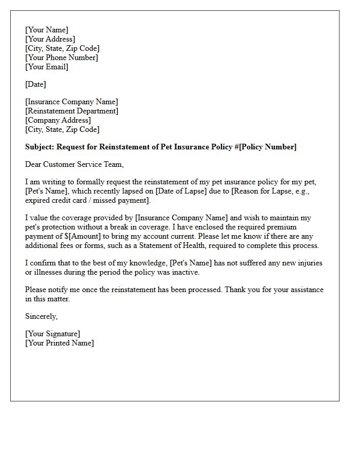 Pet Insurance Lapsed Account Reinstatement Letter