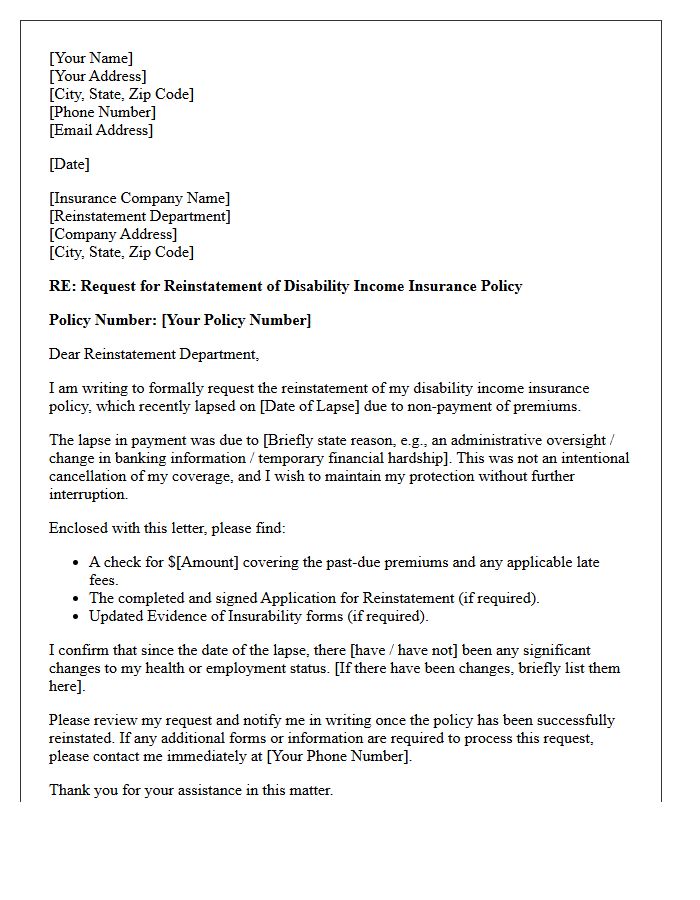Disability Income Insurance Lapse Reinstatement Letter
