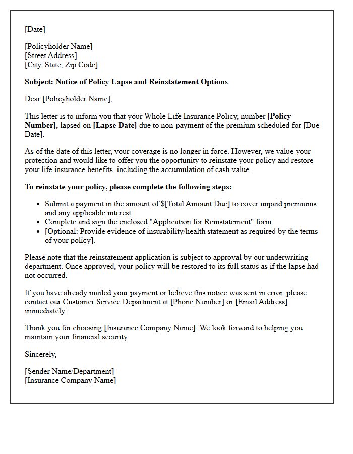 Whole Life Policy Lapse Notice Reinstatement Letter