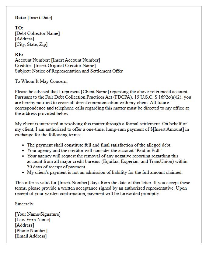 Notice of Representation and FDCPA Settlement Letter
