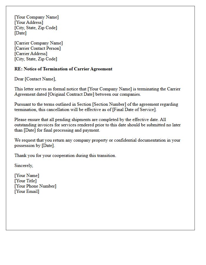 Permanent Carrier Agreement Termination Letter