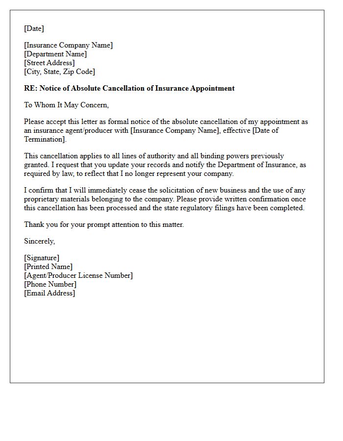 Letter Of Absolute Cancellation Of Insurance Appointment
