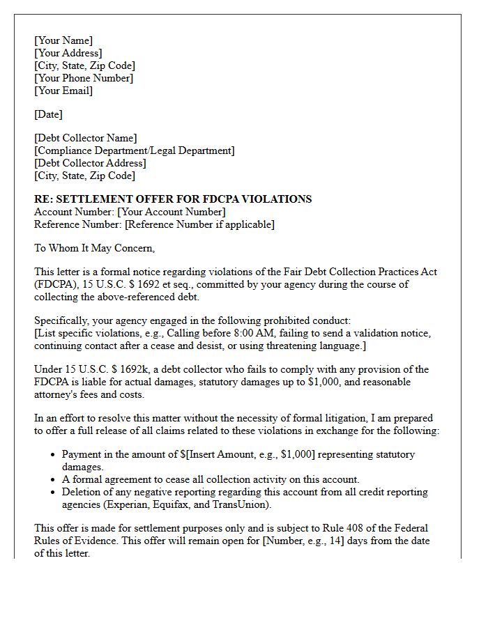 FDCPA Statutory Damages Settlement Request Letter