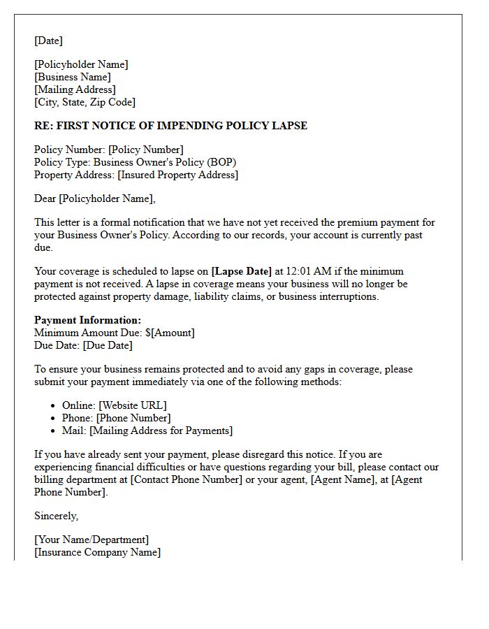 Business Owner Policy Impending Lapse First Warning Letter