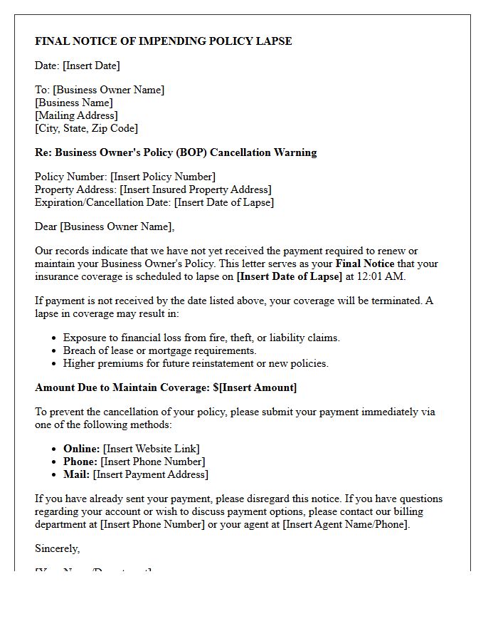 Business Owner Policy Impending Lapse Final Notice Letter