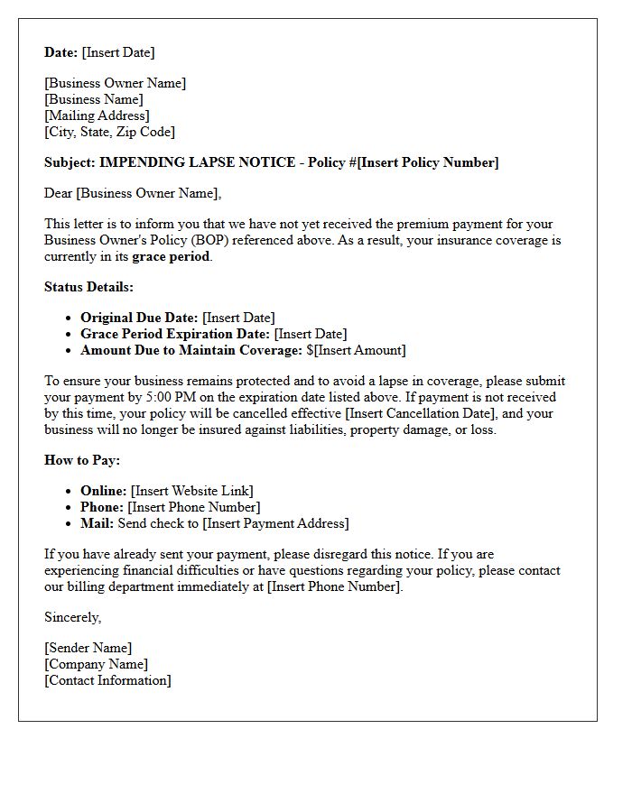 Business Owner Policy Impending Lapse Grace Period Letter