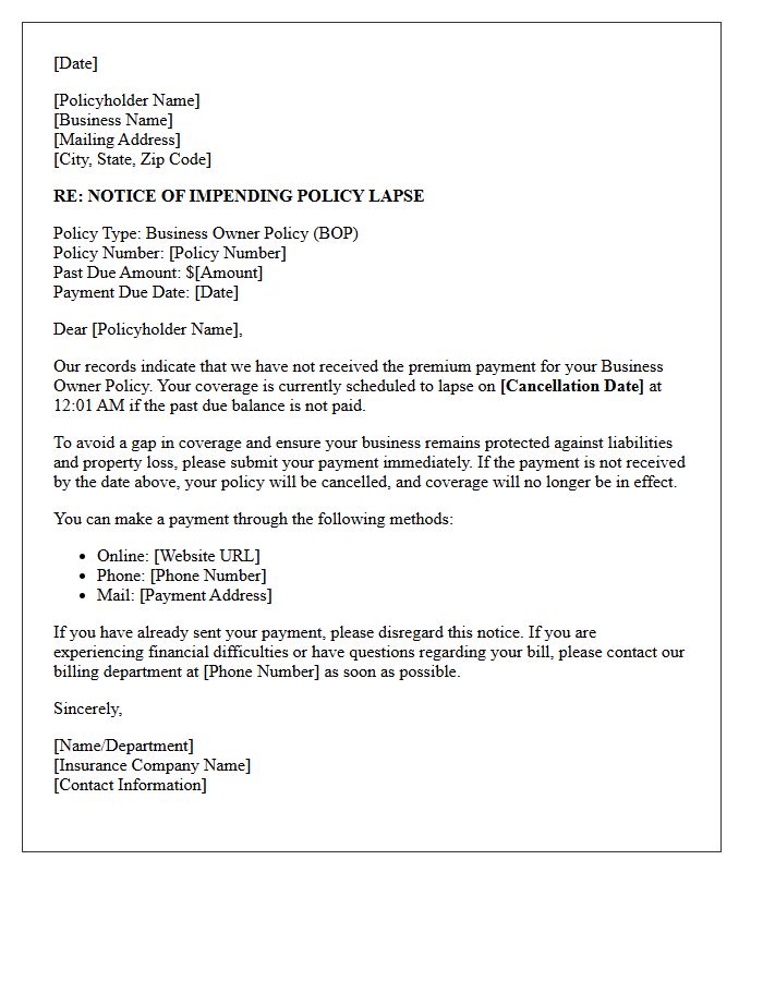 Business Owner Policy Impending Lapse Past Due Premium Letter