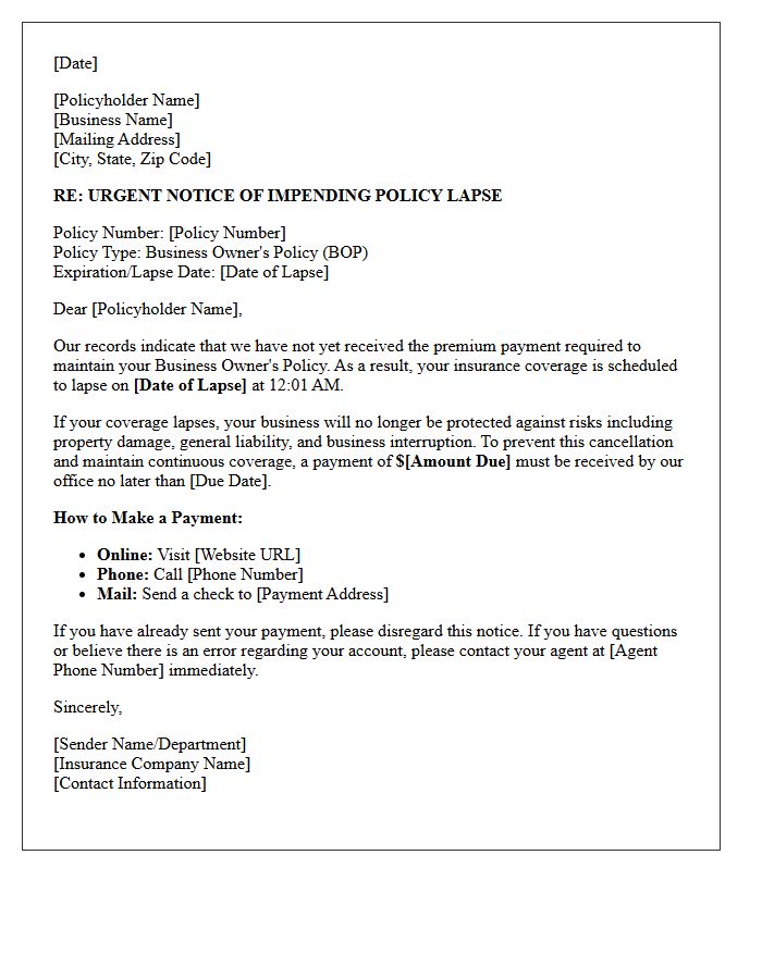 Business Owner Policy Impending Lapse Action Required Letter