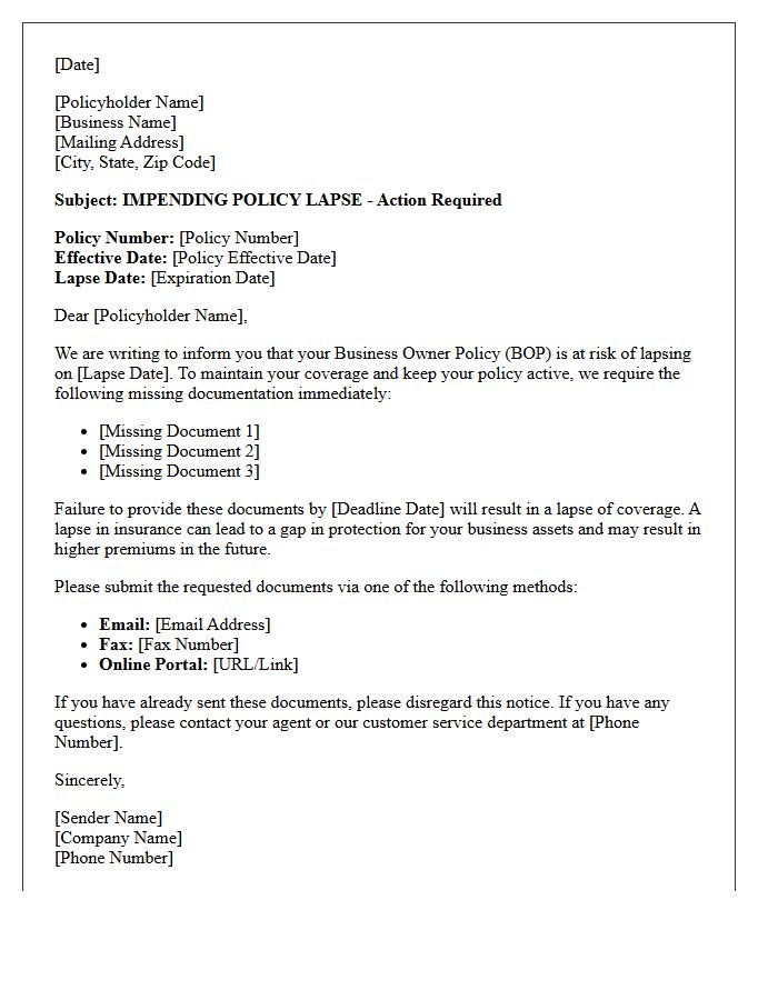 Business Owner Policy Impending Lapse Missing Document Letter