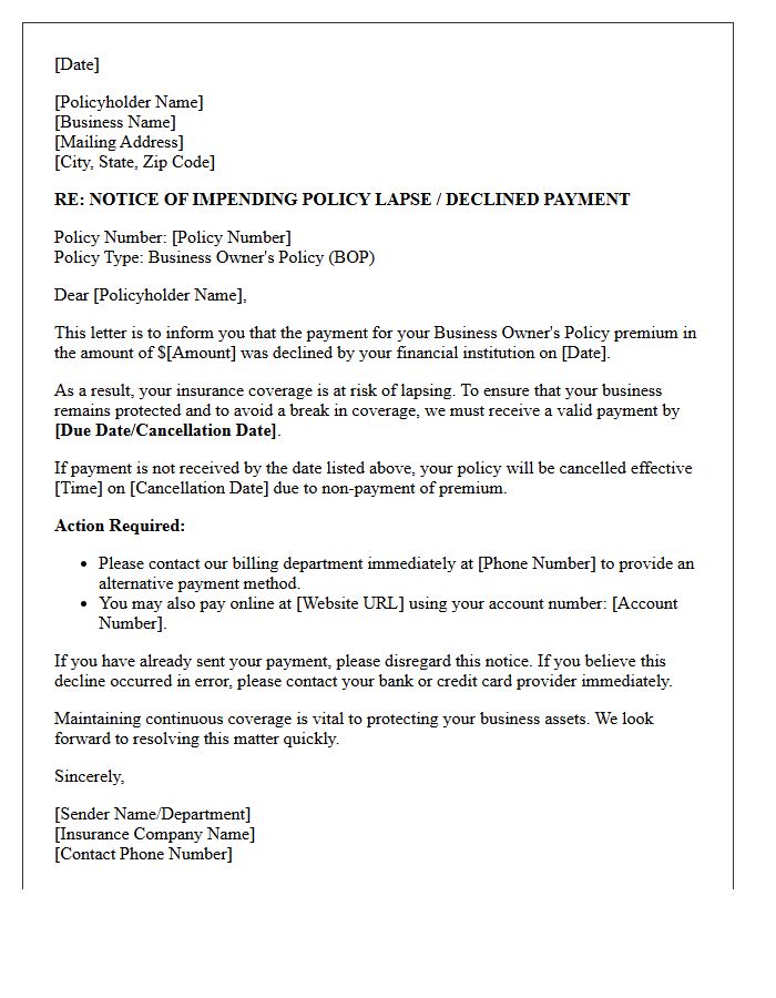 Business Owner Policy Impending Lapse Declined Payment Letter