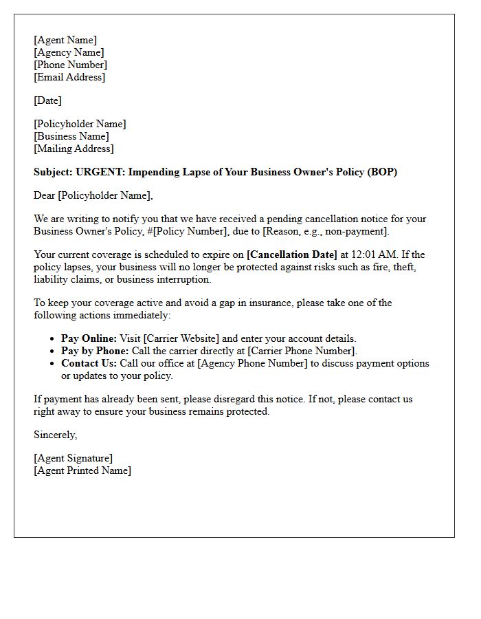 Business Owner Policy Impending Lapse Agent Follow-Up Letter