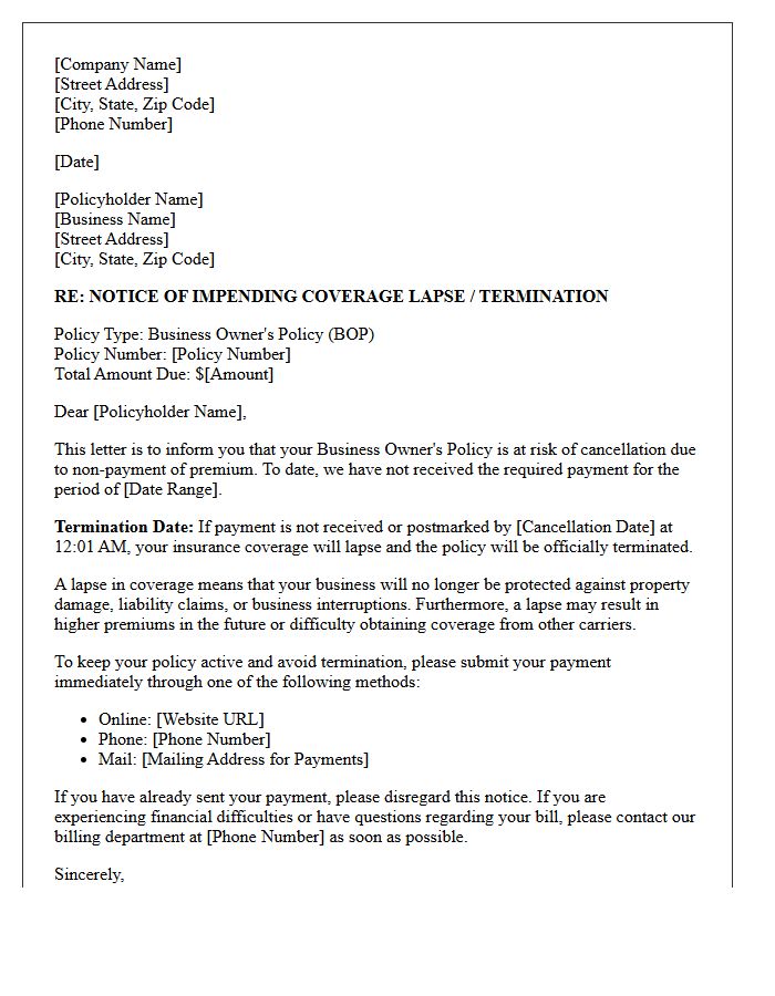 Business Owner Policy Impending Lapse Coverage Termination Letter