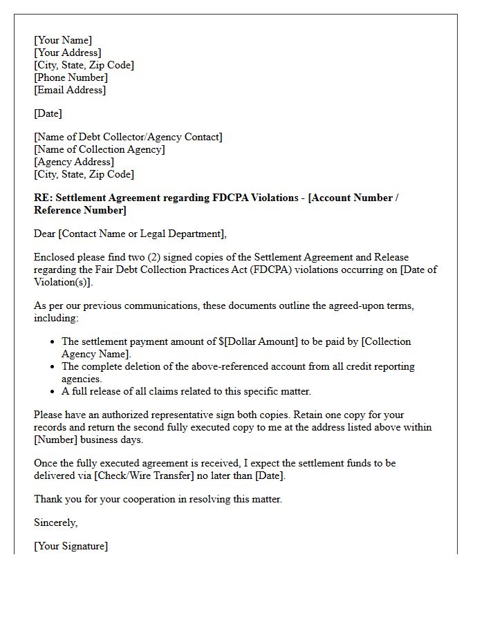 FDCPA Violation Settlement Agreement Enclosure Letter