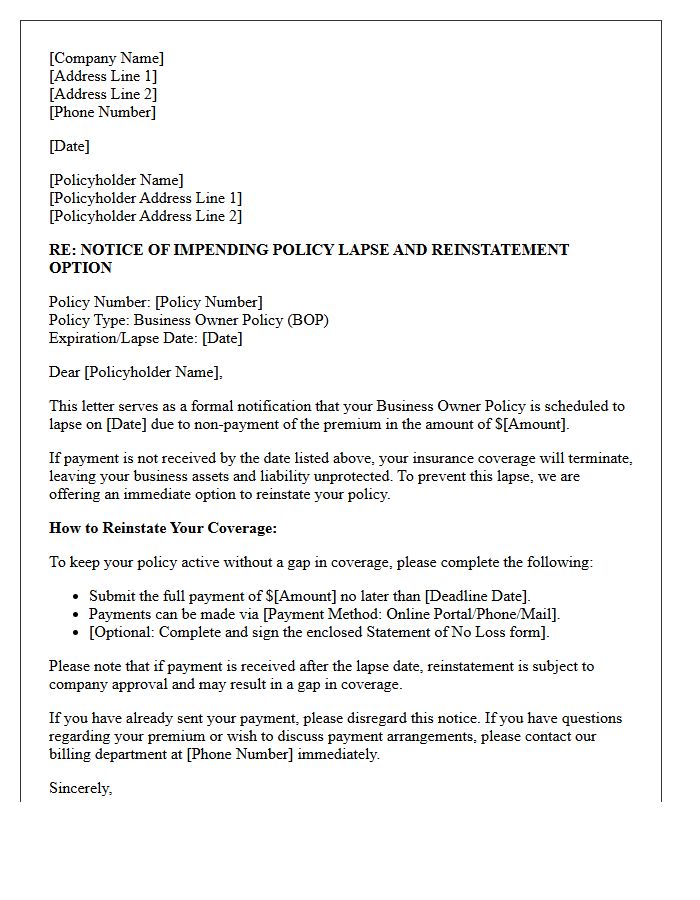 Business Owner Policy Impending Lapse Reinstatement Option Letter