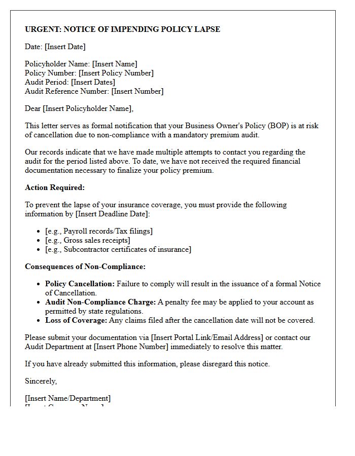 Business Owner Policy Impending Lapse Audit Non-Compliance Letter
