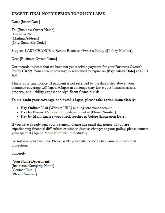 Business Owner Policy Impending Lapse Last Chance Letter