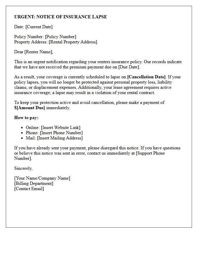 Urgent Lapse Alert Renter Insurance Premium Letter
