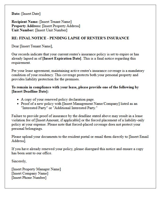 Final Notice Pending Lapse Renter Insurance Letter