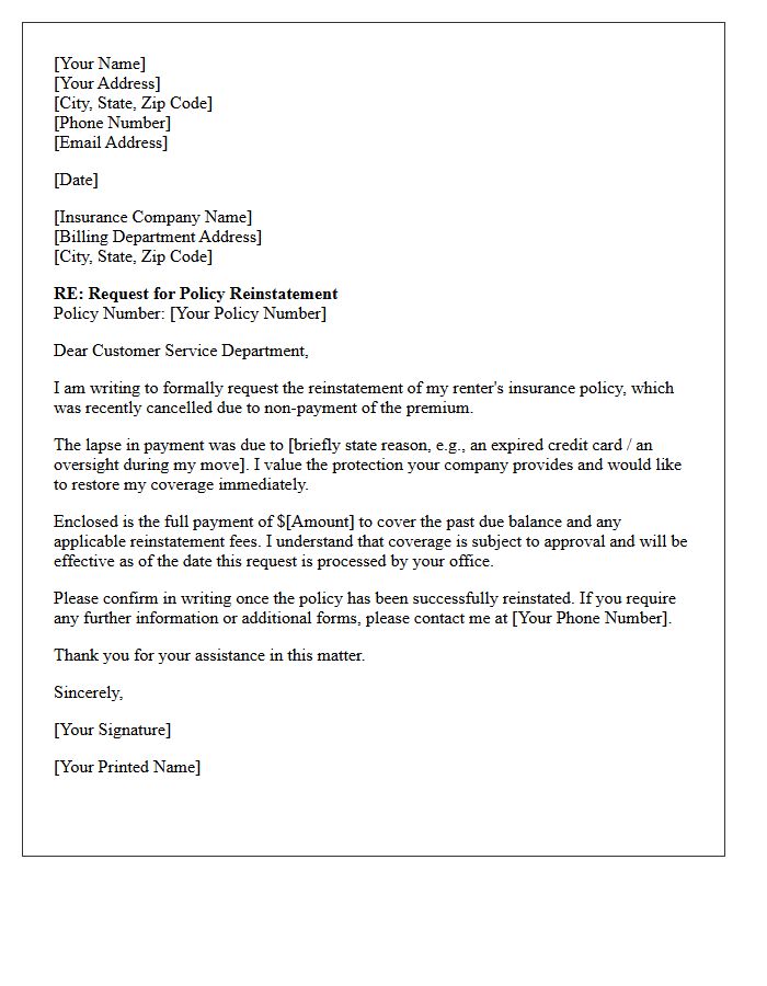Policy Reinstatement Renter Insurance Premium Letter