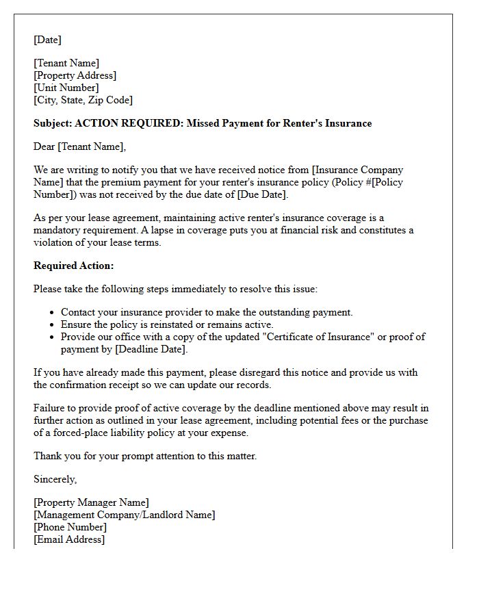 Action Required Missed Payment Renter Insurance Letter