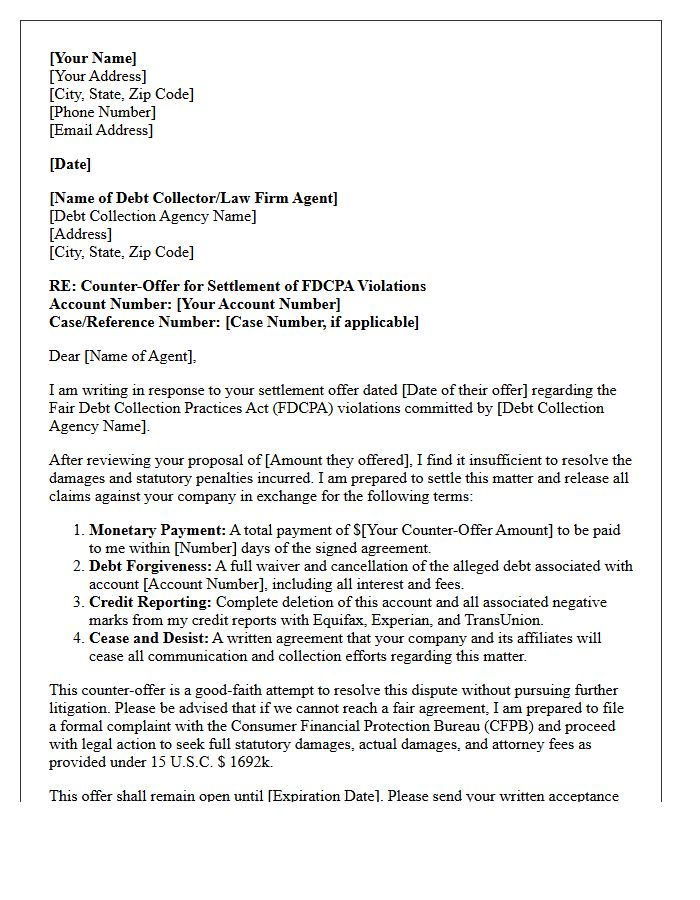 Counter-Offer for FDCPA Violation Settlement Letter