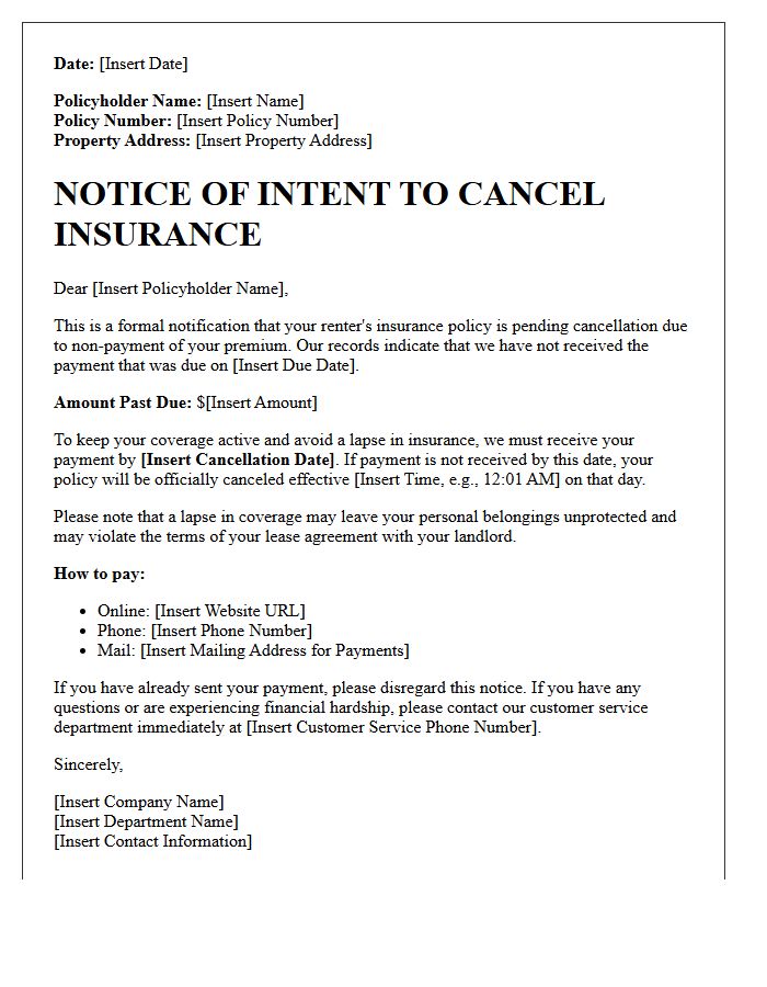 Cancellation Warning Missed Premium Renter Insurance Letter