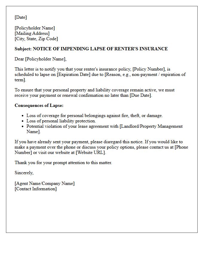 Notice of Impending Lapse Renter Insurance Letter