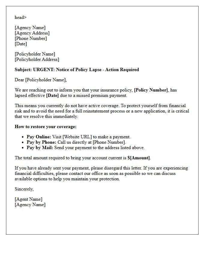 Agency Outreach Missed Premium Lapse Letter
