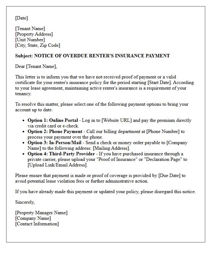 Payment Options Overdue Renter Insurance Letter
