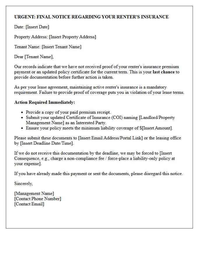 Last Chance Renter Insurance Premium Alert Letter