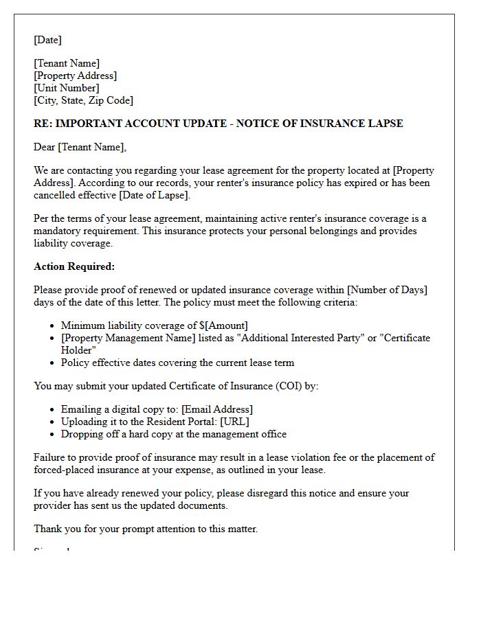 Important Account Update Renter Insurance Lapse Letter