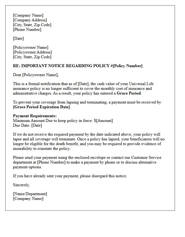 Universal Life Grace Period Notification Letter