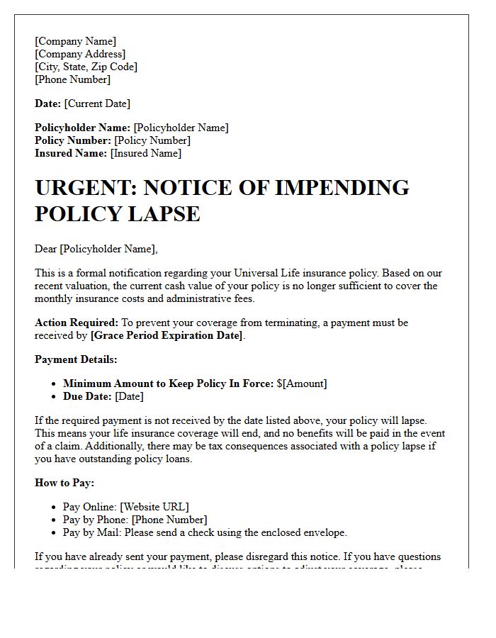 Impending Lapse Warning Letter For Universal Life Policy