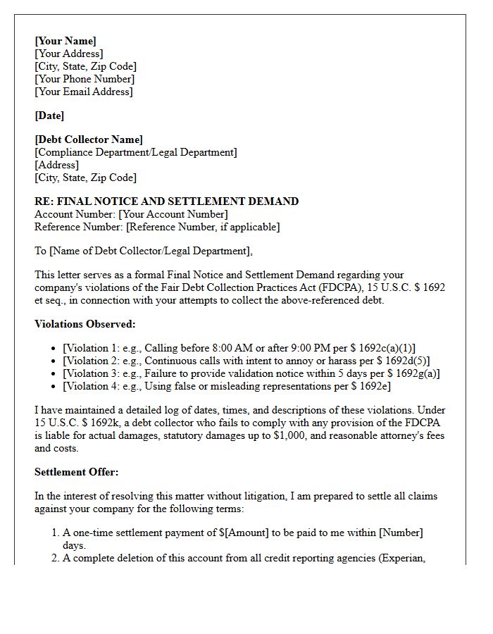 Final Notice FDCPA Violation Settlement Demand Letter