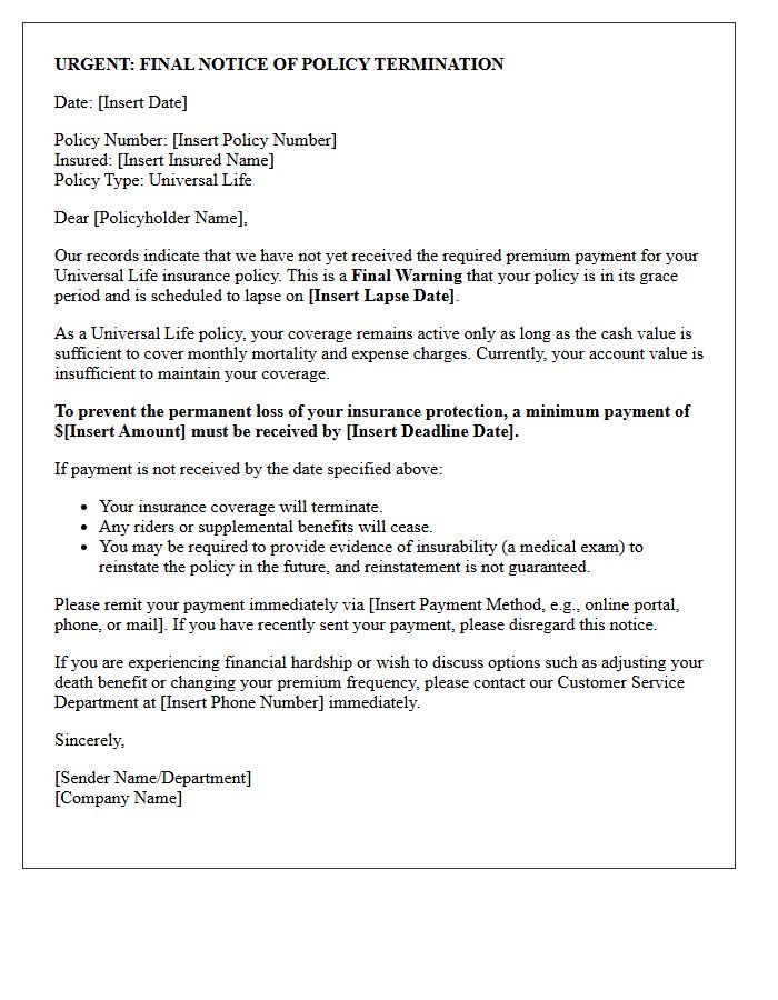 Final Warning Of Universal Life Policy Lapse Letter