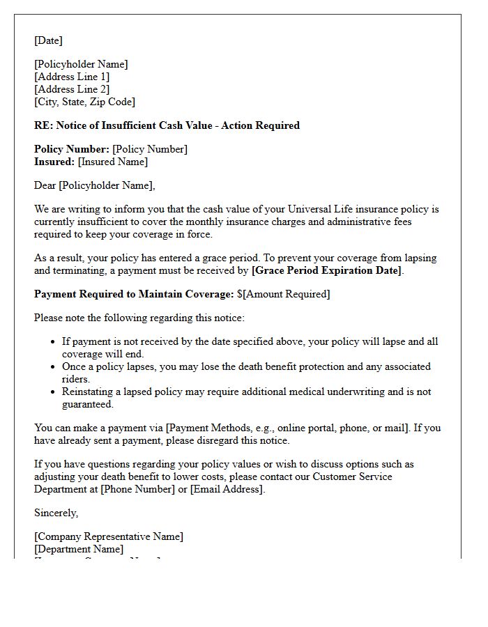 Universal Life Insurance Insufficient Cash Value Letter